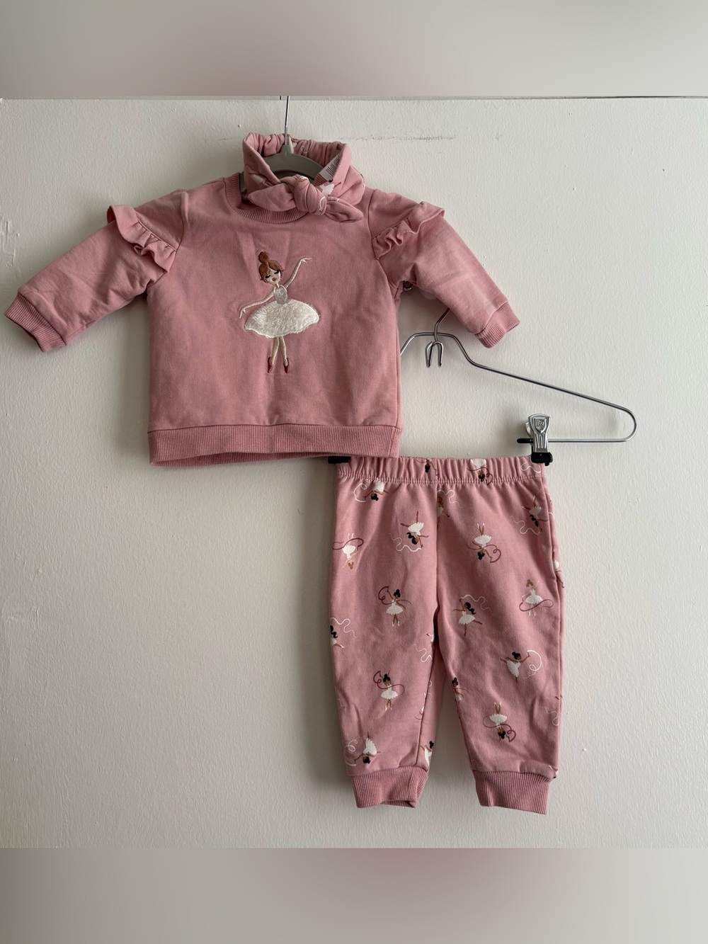 Petit Lem Girls Pink Ballerina 3pc Ruffle Sweatshirt Headband & Pants Set 6M